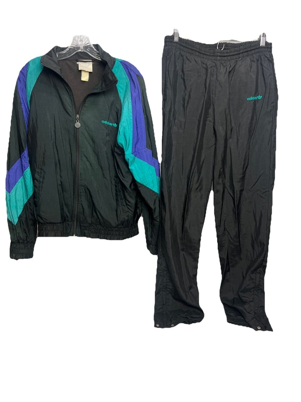 Vintage Adidas Tracksuit Medium 90s Nylon Black Teal Purple Trefoil Set